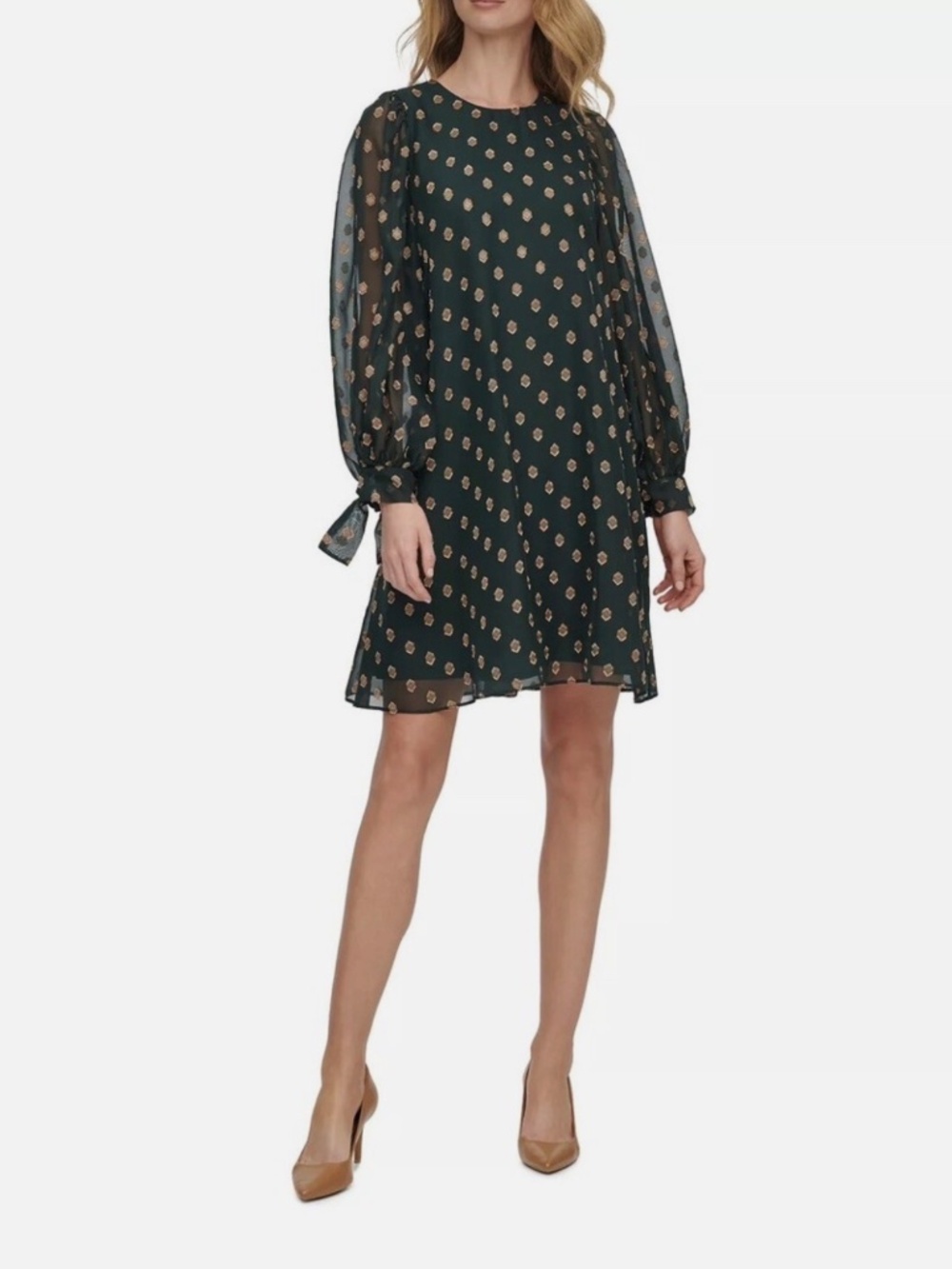 Nwt Calvin Klein Green chiffon tie cuff dress size 4P.
